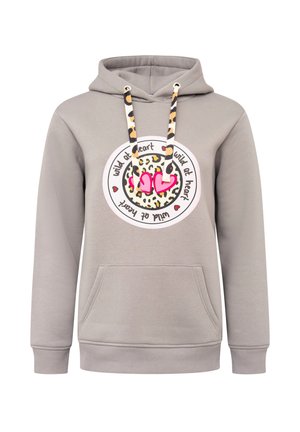 Grauer Hoodie mit einer vorderen Tasche, der ein kreisförmiges Leopardenmuster-Design und den pinken Text "wild at heart" zeigt. Mit Leopardenmuster-Kordeln akzentuiert.