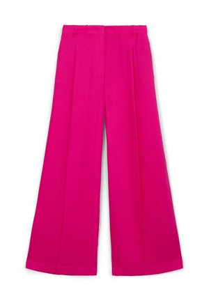 Helle pinke Weite-Leg-Hosen mit Gürtelschlaufen, Vorderfalten und einer glatten Stoffstruktur, flach auf einem weißen Hintergrund präsentiert.