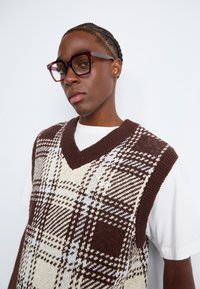 Young person with braided hair wearing large tortoiseshell glasses and a brown-and-white plaid knitted sweater vest over a white T-shirt.