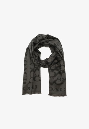 Écharpe noire avec une finition texturée, présentant un motif de logo ton sur ton sur toute sa surface et des bords effilochés. Légère et drape élégamment.