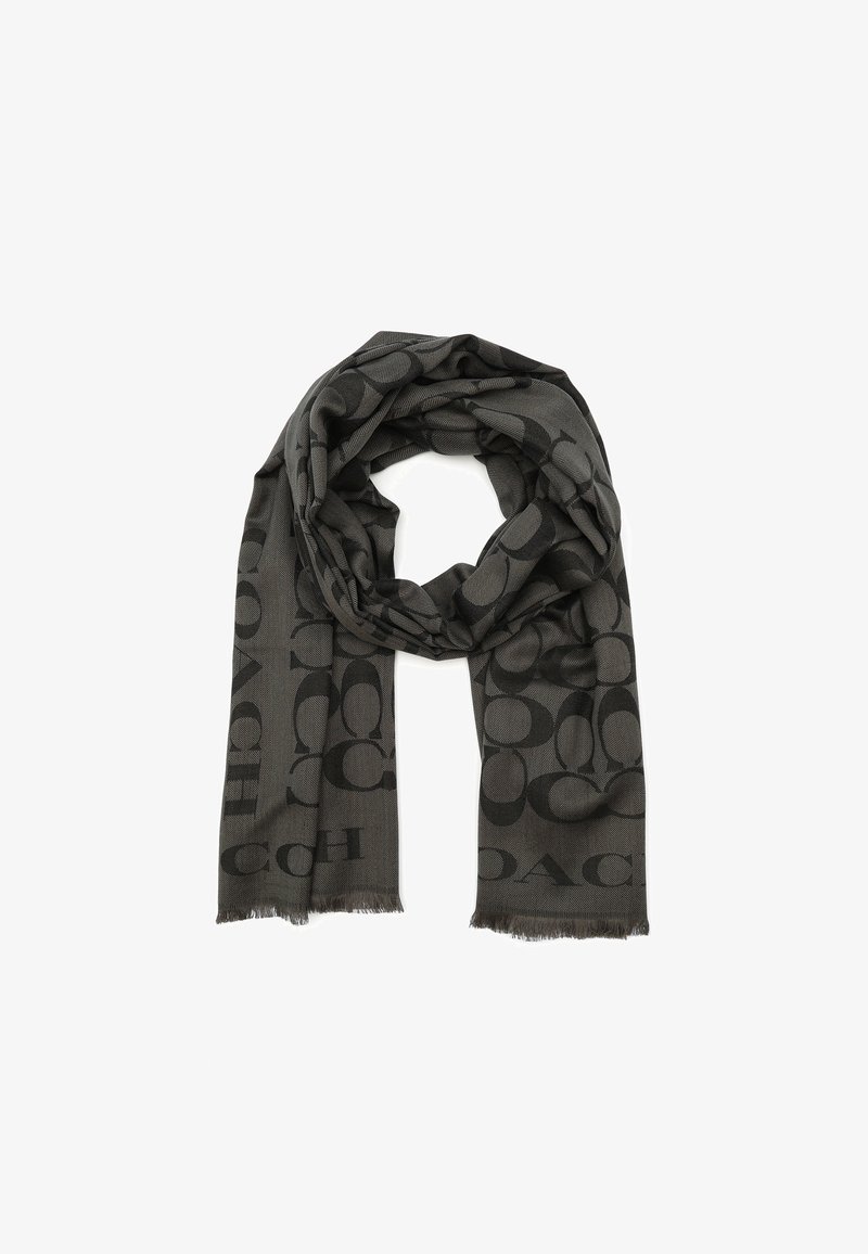 Écharpe noire avec une finition texturée, présentant un motif de logo ton sur ton sur toute sa surface et des bords effilochés. Légère et drape élégamment.