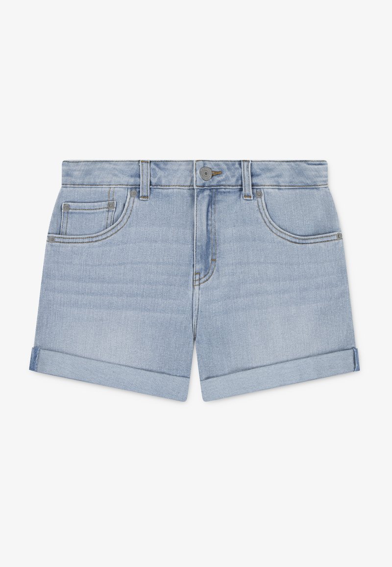 Light blue denim shorts with a rolled hem, two front pockets, and a single rear pocket. Features a metal button closure and belt loops.