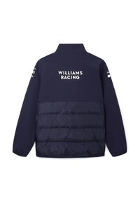 Granatowa kurtka puchowa z wysokim kołnierzem, z logo "WILLIAMS RACING" na plecach i gładką fakturą. Długie rękawy z pikowanym wzorem.