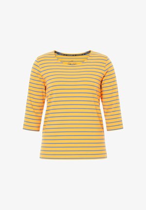 Gul og grå horisontalt stribet damebluse med 3/4-ærmer og rund halsudskæring.