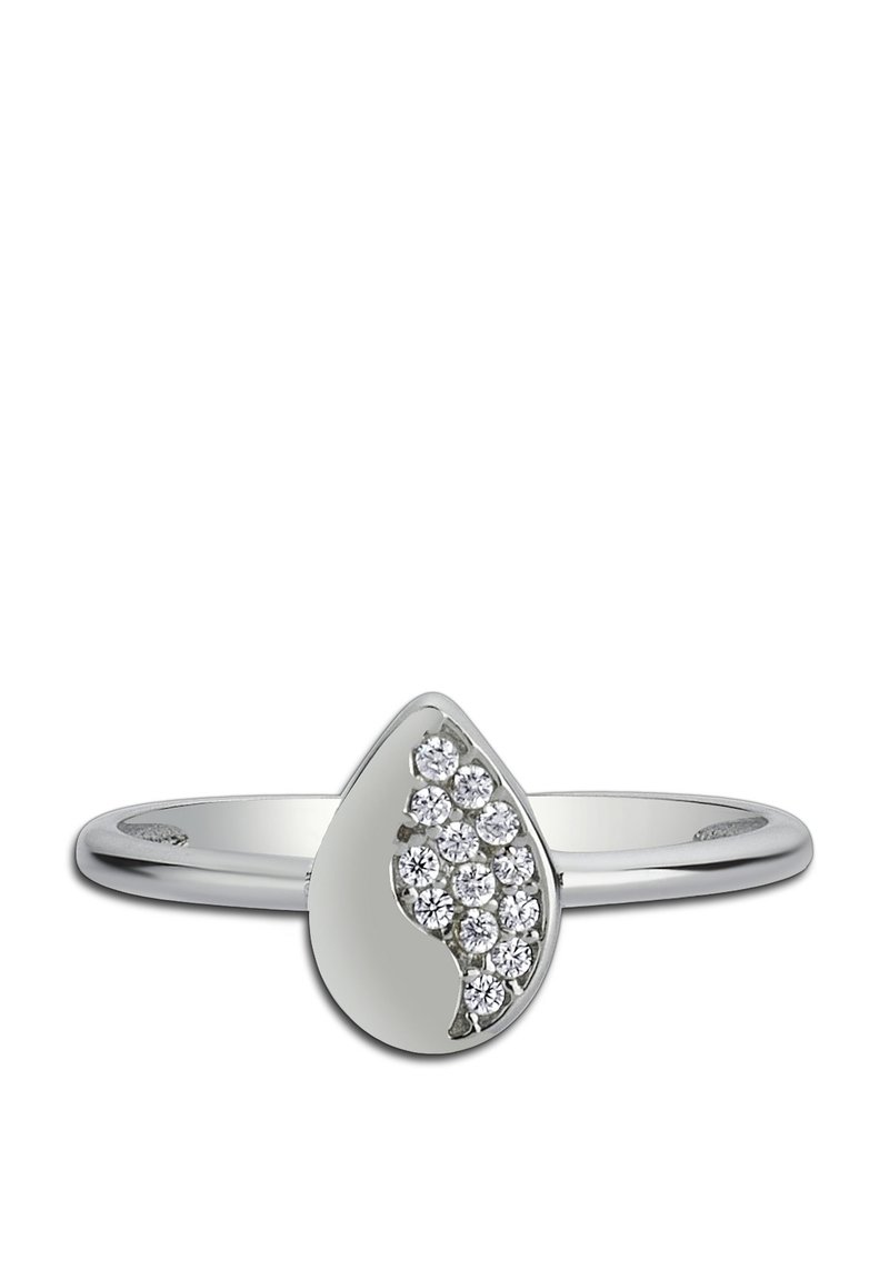 Bague en argent avec un motif en forme de goutte d'eau, finition polie, ornée de pierres précieuses claires disposées en motif ondulé sur un côté.
