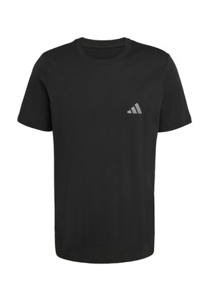 Black short-sleeve crew neck T-shirt with small gray Adidas logo on the left chest.