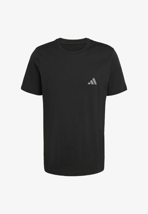 Black short-sleeve crew neck T-shirt with small gray Adidas logo on the left chest.
