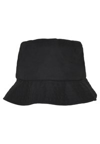Șapcă neagră tip bucket, realizată dintr-un material texturat, cu o margine lată și laterale verticale. Finisaj neted, fără modele sau accente vizibile.