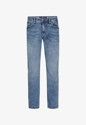 Light blue denim jeans with a straight leg fit, five pockets, and subtle whiskering on the front. Features a button and zip fly closure.