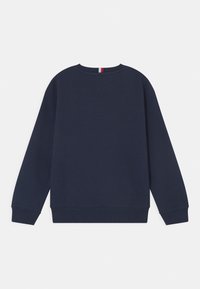 Sudadera de cuello redondo color navy con mangas largas, puños y dobladillo acanalados, que presenta un sutil detalle en forma de V en el escote. Textura suave.