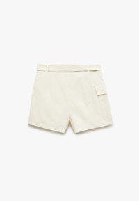 Cremfarbene Shorts mit einem strukturierten Bund, ausgestattet mit einer Seitentasche und einem klassischen Schnitt. Hergestellt aus einem glatten, leichten Stoff.
