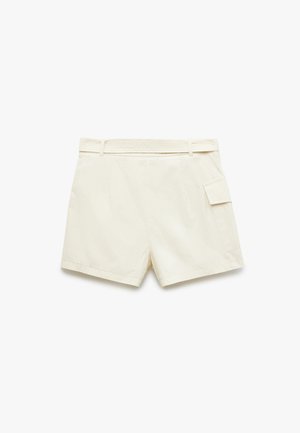 Cremfarbene Shorts mit einem strukturierten Bund, ausgestattet mit einer Seitentasche und einem klassischen Schnitt. Hergestellt aus einem glatten, leichten Stoff.