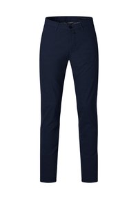 Marineblauwe broek van een katoenmix, slim fit ontwerp, met een knoopsluiting en riemlussen, zachte textuur zonder patronen.