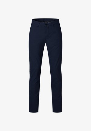 Marineblauwe broek van een katoenmix, slim fit ontwerp, met een knoopsluiting en riemlussen, zachte textuur zonder patronen.