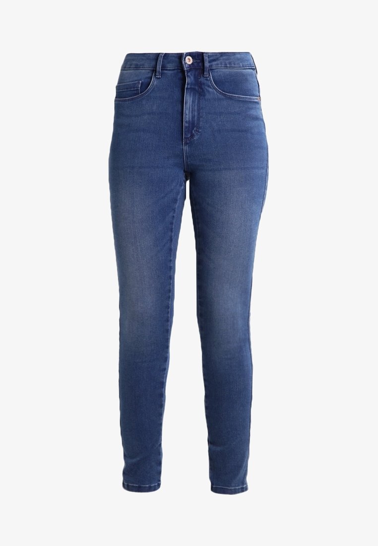 High-waisted, skinny blue jeans made from denim, featuring a front button closure, subtle fading, and minimal stitching detail.