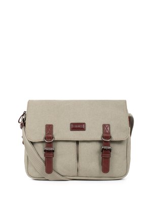 Sac messager en toile beige avec deux sangles en cuir marron à boucle, poches avant et bandoulière ajustable.