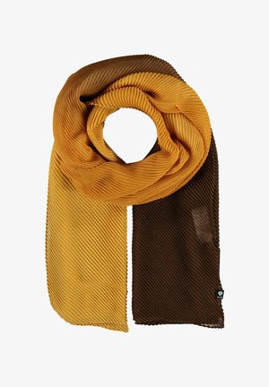 Textured ribbed scarf featuring a gradient of mustard yellow and brown colors, with a soft, lightweight fabric and finished edges.