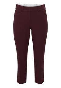 Pantalons slim-fit bordeaux avec passants de ceinture, poches avant et un design épuré et ajusté sur fond blanc.
