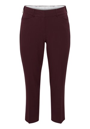 Burgunderfarvede slim-fit bukser med bæltestropper, forlommer og et rent, skræddersyet design mod hvid baggrund.