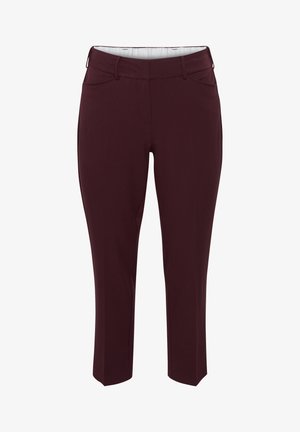 Burgundy, keskeny szabású nadrág övhurkokkal, elülső zsebekkel és letisztult, szabott dizájnnal, fehér háttér előtt.