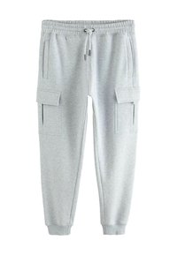 Hellgraue Sweatpants aus einem weichen Baumwollmix, ausgestattet mit einem elastischen Bund, einem Kordelzug und zwei Cargo-Taschen an den Seiten.
