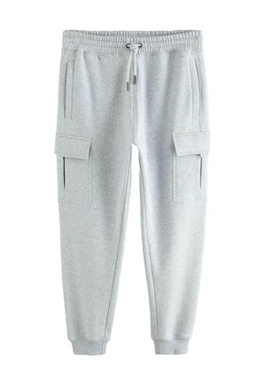 Hellgraue Sweatpants aus einem weichen Baumwollmix, ausgestattet mit einem elastischen Bund, einem Kordelzug und zwei Cargo-Taschen an den Seiten.