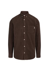 Brązowa koszula z korduroy z kołnierzykiem zapinanym na guziki, przednią kieszenią i białymi guzikami. Materiał ma teksturowane wykończenie.