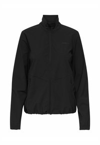 Giacca softshell nera con colletto alto, chiusura a zip, polsini elastici e due tasche laterali. Presenta una texture liscia e opaca.