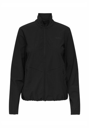 Czarna kurtka softshell z wysokim kołnierzem, zamkiem błyskawicznym, elastycznymi mankietami i dwiema bocznymi kieszeniami. Charakteryzuje się gładką, matową teksturą.