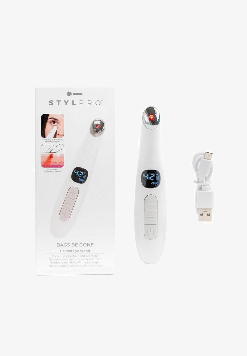 Uppvärmd ögonstav med vit kropp, kromdetaljer och en LED-skärm som visar temperatur. Inkluderar en USB-laddningskabel och förpackning.