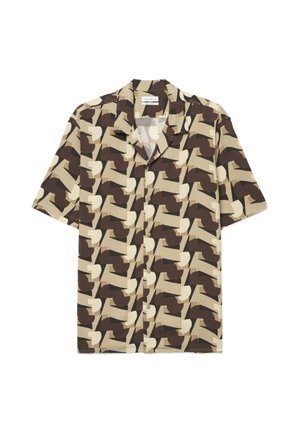 Camicia a maniche corte con bottoni, con motivo geometrico astratto beige, marrone e crema e colletto camp.
