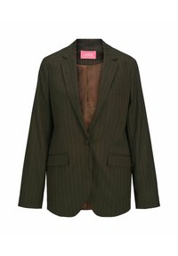 Temno zelena blazer z belimi črtami, s posamičnim gumbom, obrezano ovratnico in dvema sprednjima žepoma; podložen s rjavo tkanino.