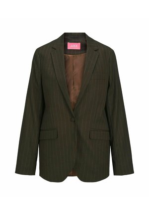 Donker groen blazer met streepjes, sluiting met één knop, opstaand revers en twee voorkeurs; gevoerd met bruin stof.