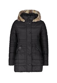 Czarna kurtka puchowa z kapturem wyłożonym sztucznym futrem, zapięciem na guziki, bocznymi kieszeniami na zamek oraz poziomym pikowaniem. Charakteryzuje się dopasowanym krojem.