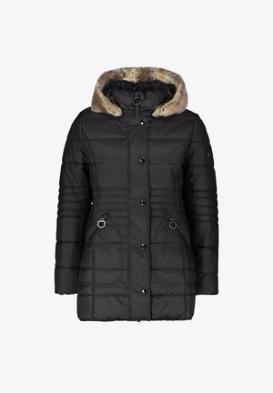 Schwarze Steppjacke mit einer Kapuze aus Kunstfell, Knopfleiste, seitlichen Reißverschlusstaschen und horizontaler Steppung. Verfügt über eine figurbetonte Passform.