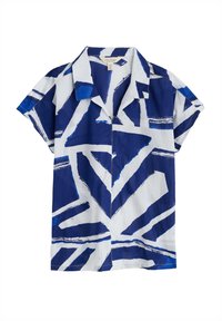 Camicia a maniche corte di colore bianco con motivi astratti blu. Presenta un colletto e una vestibilità comoda, realizzata in un tessuto leggero.