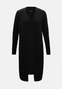Black long cardigan made of soft knit fabric, featuring open front, long sleeves, and two front pockets. Simple, minimalist design.