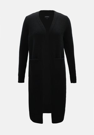 Black long cardigan made of soft knit fabric, featuring open front, long sleeves, and two front pockets. Simple, minimalist design.