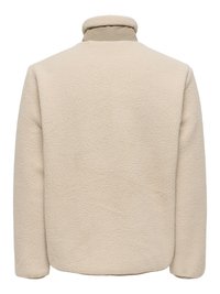 Veste en polaire beige à surface texturée, col montant et coupe décontractée ; manches longues sans éléments métalliques visibles ni poches.