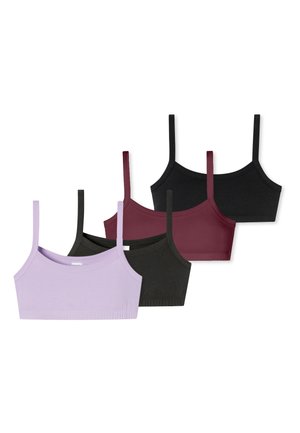 Fem ærmeløse crop tops i ensfarvede farver, arrangeret overlappende i lyse lilla, sort, burgundy og sort på en hvid baggrund.