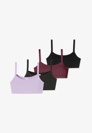 Fem ærmeløse crop tops i ensfarvede farver, arrangeret overlappende i lyse lilla, sort, burgundy og sort på en hvid baggrund.