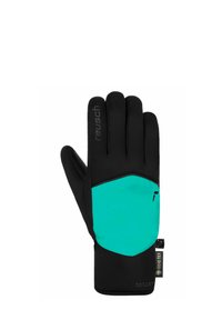 Schwarze Handschuhe mit turquoise Akzent und GORE-TEX-Label. Sie verfügen über ein angepasstes Design und verschiedene Texturen im Material für Flexibilität und Wärme.