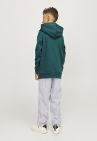 Felpa verde con cappuccio, dal taglio morbido, con polsini e vita a costine, abbinata a pantaloni a quadri grigi chiari e sneakers bianche.