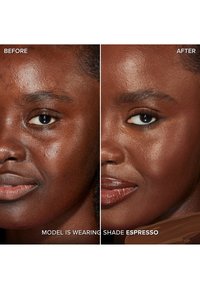 Before and after photo showing skin with natural texture; left side is unaltered, right side features makeup in espresso shade.