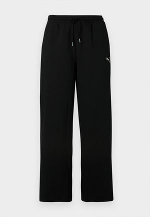 Pantalon de survêtement noir avec un cordon de serrage à la taille, jambes droites et un logo discret sur le côté gauche. Texture de tissu douce, design décontracté.