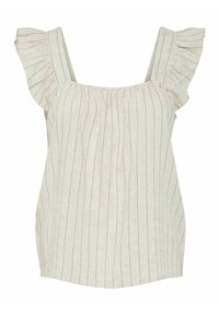 Top senza maniche beige chiaro con scollo a carré, righe verticali e maniche a volant. Realizzato in un tessuto testurizzato e traspirante.