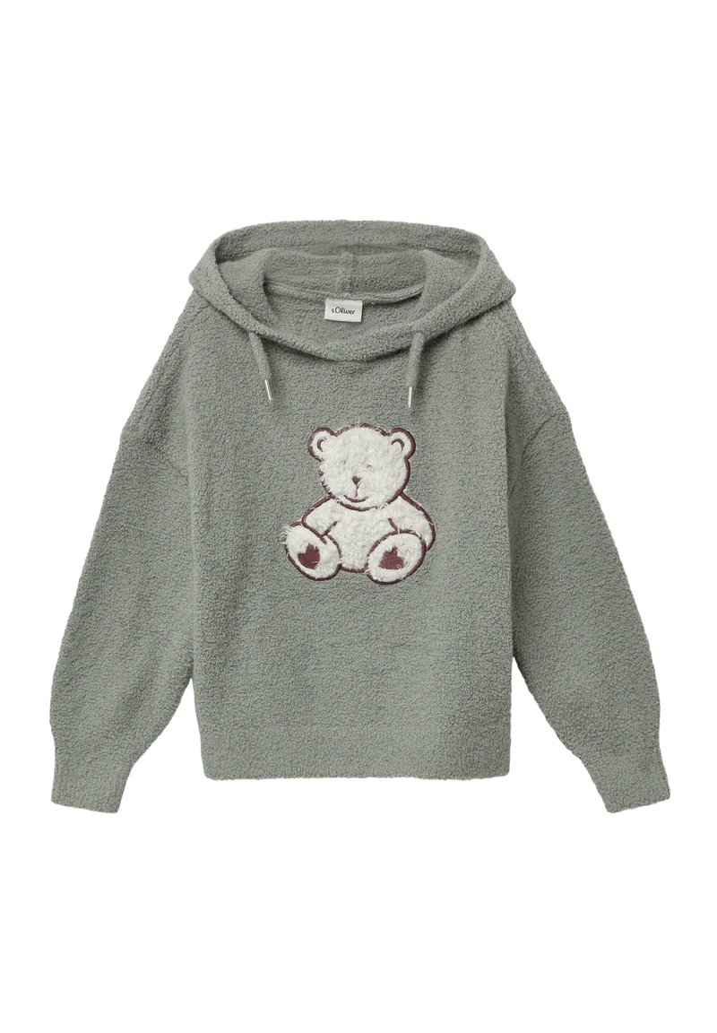 Grau strukturiertes Hoodie mit einem weißen Teddy-Bären-Patch auf der Brust und Kordeln an der Kapuze, hergestellt von der Marke s.Oliver.