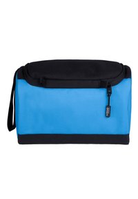 Blauwe geïsoleerde tas met een zwarte bovenkant, voorzien van een ritsluitingen en een zijhandgreep. Gemaakt van duurzaam stof met een gestructureerd oppervlak.