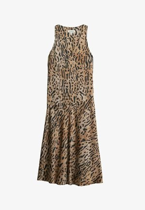Ærmeløs midi-kjole med V-udskæring i brun, beige og sort abstrakt dyreprint, med tætsiddende overdel og skørt med vidde.