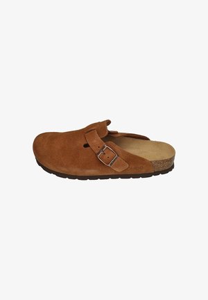 Brown suede clog with a wide strap, adjustable buckle, natural cork footbed, and textured rubber outsole. Features open back design.